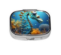 Blue Seahorse Square Pill Box with Full Print Design - Portable Metal Travel Case for Vitamins & Medication, 2.2x1.6x0.7 Inch.