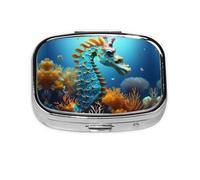 Blue Seahorse Square Pill Storage Box, Travel Portable Mini Pill Box, Vitamin Medicine Storage Box (2 Compartment Pill Box)