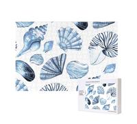 Blue Seashells Pattern On White,300 Pieces Wooden Jigsaw Family Game Jigsaw Puzzles for Adults Teens Home Decor