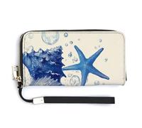 Blue Seashells Starfish and Bubbles PU Leather Clutch Long Bifold Wallet, Coin Purse Credit Pass Case, Durable Card-Holder Money Storage for Women Men