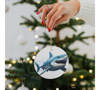 Blue Shark Ceramic Christmas Ornaments - 2.8 Inch Round Double-Sided Xmas Tree Decorations with Gold Ribbon for Home Holiday Decor, Gift for Family & Friends
