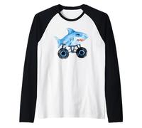 Blue Shark Driving Monster Car Truck Cute Watercolor Design Raglan Baseball Tee