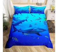 Blue Shark King Duvet Cover Set 3D Printed Ocean Life Bedding Set Ultra Soft Microfiber Quilt Cover 220x230 cm for Double Bed with 2 Pillowcases with Zipper L.2699