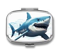 Blue Shark Pill Box 2 Compartments Portable Travel Pill Case Mini Medicine Organizer for Pocket Purse Metal Waterproof Medicine Container Holder Vitamin Fish Oil