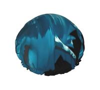 Blue Shark Print Shower Cap,Elastic And Reusable Double Layer Waterproof Bathing Shower Hat