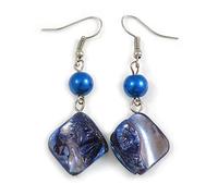 Blue Shell Bead Drop Earrings In Silver Tone - 60mm Long