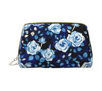 Blue Shining Stars Print Cosmetic Bags,Leather Makeup Bag Small For Purse,Cosmetic Pouch,Toiletry Clutch For Women Travel, Blue Flower Pattern Roses, One Size