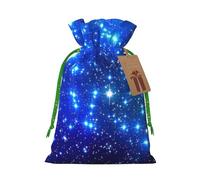 Blue Shining Stars Printed Christmas Drawstring Bags with Green Christmas Ribbon - Reusable Burlap Drawstring Gift Pouches, S