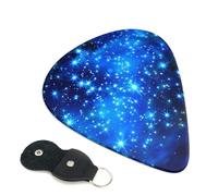 Blue Shining Stars Printed Guitar Picks, 6 Pack with Leather Keychain Pick Holder - 0.46mm, 0.71mm, 0.96mm Assorted Thickness for Acoustic Ukulele, Electric Guitar, Acoustic Guitar, Bass