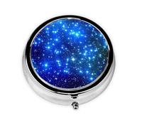 Blue Shining Stars Printed Round Travel Pill Box Cute Small Metal Pocket Pill Case for Men & Women 3 Compartment Portable Pill Organizer for Purse or Pocket