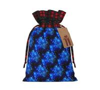 Blue Shining Stars Printing Color Matching Plaid Drawstring Christmas Bag With Kraft Tag 4.7x6.9 In For Halloween
