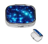 Blue Shining Stars Square Metal Pill Box 2 Compartment Cute Travel Pill Organizer Case Portable Medicine Vitamin Organizer Pill Case for Women Men Travel Unique Gift