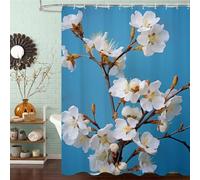 Blue Shower Curtain 100 x 200 cm, Waterproof Fast-Drying Polyester Fabric, Extra Long Shower Curtain with Weighted Bottom & 12 Hooks Washable Bathroom Curtains for Wet Room Tub, Cherry Blossoms J8-428