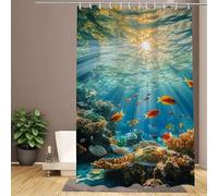 Blue Shower Curtain, Coral Shower Curtains 200x220cm Bathroom Curtains, Durable Waterproof Polyester Fabric Bath Curtain, with 12 Hooks - Easy Clean, Washable and Weighted Hem for UK Homes W1-34