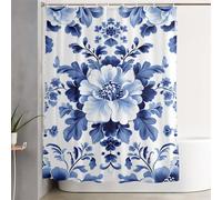 Blue Shower Curtain Flower Curtains with Plastic Hooks and Weighted Hem, Waterproof Quick-Drying Fabric, Washable, Decoration Lightweight Bath Screen for Bathroom Wet Room Tub 90x200 cm 3Y-152