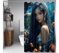 Blue Shower Curtain Mermaid Shower Curtains for Bathroom, HD Printing Waterproof Bathroom Curtains with 12 Hooks, Polyester Bath Curtain Machine Washable for Shower Stall 140 * 200cm -ly250724D