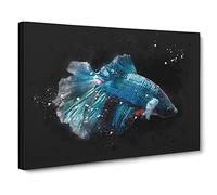 Blue Siamese Fighting Fish Paint Splash Modern Art Canvas Wall Art Print Ready to Hang, Framed Picture for Living Room Bedroom Home Office Décor, 30x20 Inch (76x50 cm)
