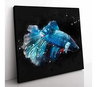 Blue Siamese Fighting Fish Paint Splash Modern Canvas Wall Art Print Ready to Hang, Framed Picture for Living Room Bedroom Home Office Décor, 50x50 cm (20x20 Inch)