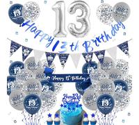 Blue & Silver 13th Birthday Decorations - Happy Birthday Banner, Pennant, Latex Balloons, Sash, Cake Topper, Confetti for 13 Years Old Boys' Party Supplies
