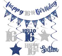 Blue Silver 16th Birthday Decorations for Boys Girls, Happy 16th Birthday Banner Stars Sixteen Hanging Swirls Hello 16 Bday Decor Party Supplies Sign