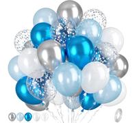 Blue Silver Balloons, 50pcs Blue Silver White Balloons, Pearl Light Bule White Balloon, Silver Star Confetti Balloon for Boys Man Birthday Baby Shower Party Wedding Graduation Bachelorette Decoration