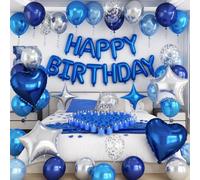 Blue Silver Birthday Decorations Happy Birthday Banner Balloon for Boy Men | 12 Inch Navy Metallic Blue Silver and Confetti Latex Balloon, Star and Heart Foil Hellium Balloons for Kids Him Party Decor
