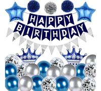 Blue Silver Birthday Party Decorations - 50 Pieces Party Supplies Happy Birthday Banner, Crown Star Foil Balloons, Paper Pom Poms, Sequined Balloons, Pennant Flag Garland for Men Boys Women Girls