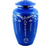 Blue & Silver Metal Cremation Urn for Human Ashes - Handcrafted Adult Funeral Memorial Urn, Large Capacity with Secure Lid & Velvet Bag (7.5" x 7.5" x 9.5", Matte Sky Blue)