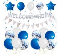 Blue Silver Welcome Home Decorations with Glitter Banner and Balloons
