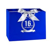 Blue Silvery Happy 16th Birthday Gift Bag with Greeting Handles and Ribbon Decorations Men Women 16 Year Old Birthday Gift Wrapping Bag for Party Goodie Wrapping Decorations Supplies