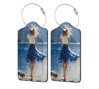 Blue Skirt Barefoot Woman Standing On The Rocks Luggage Tag for Suitcase 2 Pack Leather Luggage Tag with Privacy Flap Name Id Label and Metal Loop for Women Men Travel