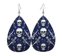 Blue skull and bones Earrings for Women Faux Leather Earring Teardrop Dangle Earrings Lightweight Jewelry Gift