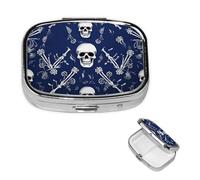 Blue Skull and Bones Pill Case Portable Square Pill Box 2 Compartment Pill Organizer Cute Travel Pill Container Vitamin Organizer for Purse Pocket Travel Gift