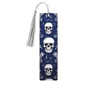Blue Skull and Bones Wood Bookmark for Book Lovers Birthday Teachers Gift, Handmade Craft Book Marks Ornaments with Tassel Exquisite Reading Page Markers for Men Women