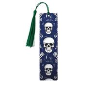 Blue Skull and Bones Wood Bookmark for Book Lovers Birthday Teachers Gift, Handmade Craft Book Marks Ornaments with Tassel Exquisite Reading Page Markers for Men Women