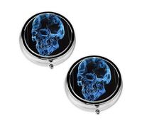 Blue Skull Round Pill Box Compact 3 Compartment Metal Pill Organizer with Print Design, Portable Travel Medication Case for Daily