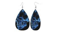 Blue Skullprint Leather Earring Stylish Waterdrop Shaped Dangle Earrings With Double Sided Print, Pvc Leather 925 Silver Plated Hooks For Womenâ€™s Fashion Holiday Party Gift