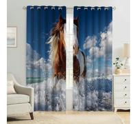 Blue Sky 3D Printed Blackout Curtains W 55" x L 69" Brown horse on the beach Eyelet Drapes Thermal Insulated Noise Reducing Room Darkening Bedroom and Kids Room Set of 2
