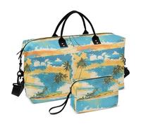 Blue Sky and Sea Yellow Sandy Beach with A Few Green Coconut Trees Duffel Bag Overnight Weekender Bags Travel Tote Gym Bag with Toiletry Bag for Sports Foldable
