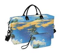 Blue Sky and Sea Yellow Sandy Beach with A Few Green Coconut Trees Oversized Travel Duffel Bag Shoulder Weekender Overnight Bag Gym Bag with Toiletry Bag for Trip Waterproof
