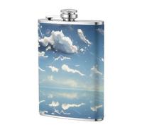 Blue Sky and White Clouds 8oz Leather Hip Flask - Stainless Steel Whiskey Flask for Drinks, Pocket Liquor Set for Men Wedding Groomsman