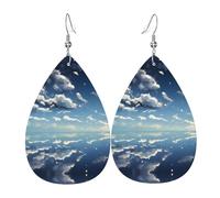 Blue sky and white clouds double-sided printed leather earrings int and shape of water drops, creative, light and novel, bright and vivid colors.