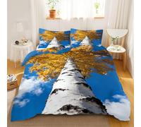 Blue sky and white clouds King Size Duvet Cover Sets, Autumn birch trees Duvet cover, Golden crown Bedding Set Microfiber, Autumn Scenery 220 x 230cm Double-sided Duvet Covers with Pillowcases