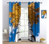 Blue sky and white clouds Living Room Blackout Curtains, Autumn birch trees Insulated Curtain, Golden crown Drapes W117 x L138cm 2 Panels, Autumn Scenery Eyelet Room Darkening Curtains for Bedroom