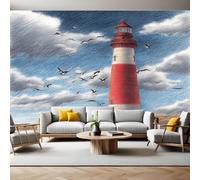 Blue Sky and White Clouds Photo Wallpaper 3D Effect Lighthouse Red Mural Wallpaper Non-Woven Wall Mural, 350 x 256 cm Large Murals Wall Decor for Bedroom, Living Room, Kids Room