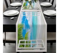 Blue Sky Beach Table Runner 13x108 Inches Long Coconut Trees Island Windows View Cotton Linen Table Runner Burlap Style for Dinner Table Party Decor Tabletop Decorations
