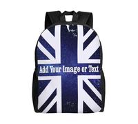 Blue Sky Custom Backpack Union Jack UK Flag Pattern Add Your Photo Text Personalised Rucksack with Britain Flag Casual Daypack Customised School Bag Book Bag for Girls Boys Women Men Travel Camping