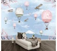 Blue Sky Mountain Peaks Hot Air Balloon Aeroplane Flowers 3D Wallpaper Easy Install Feature Office Living Room Sofa Bedroom TV Background Wall Decoration-200cm×140cm