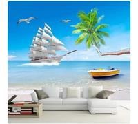 Blue Sky Ocean Sailboat Birds Coconut Palms 3D Wallpaper Easy Install Feature Office Living Room Sofa Bedroom TV Background Wall Decoration-200cm×140cm