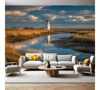 Blue Sky Photo Wallpaper 3D Effect River Lighthouse Mural Wallpaper Non-Woven Wall Mural, 350 x 256 cm Large Murals Wall Decor for Bedroom, Living Room, Kids Room